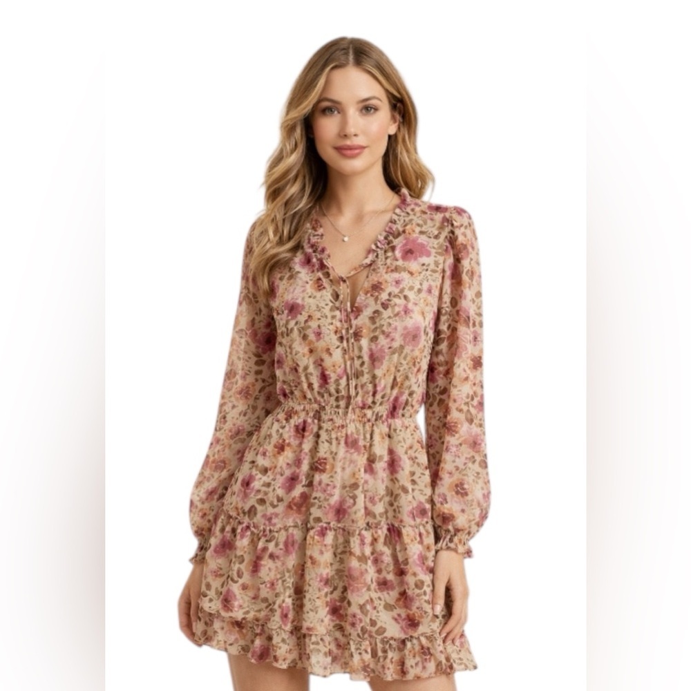 Crystal Doll Floral Chiffon Mini Dress Long Sleeve Elastic Waist M